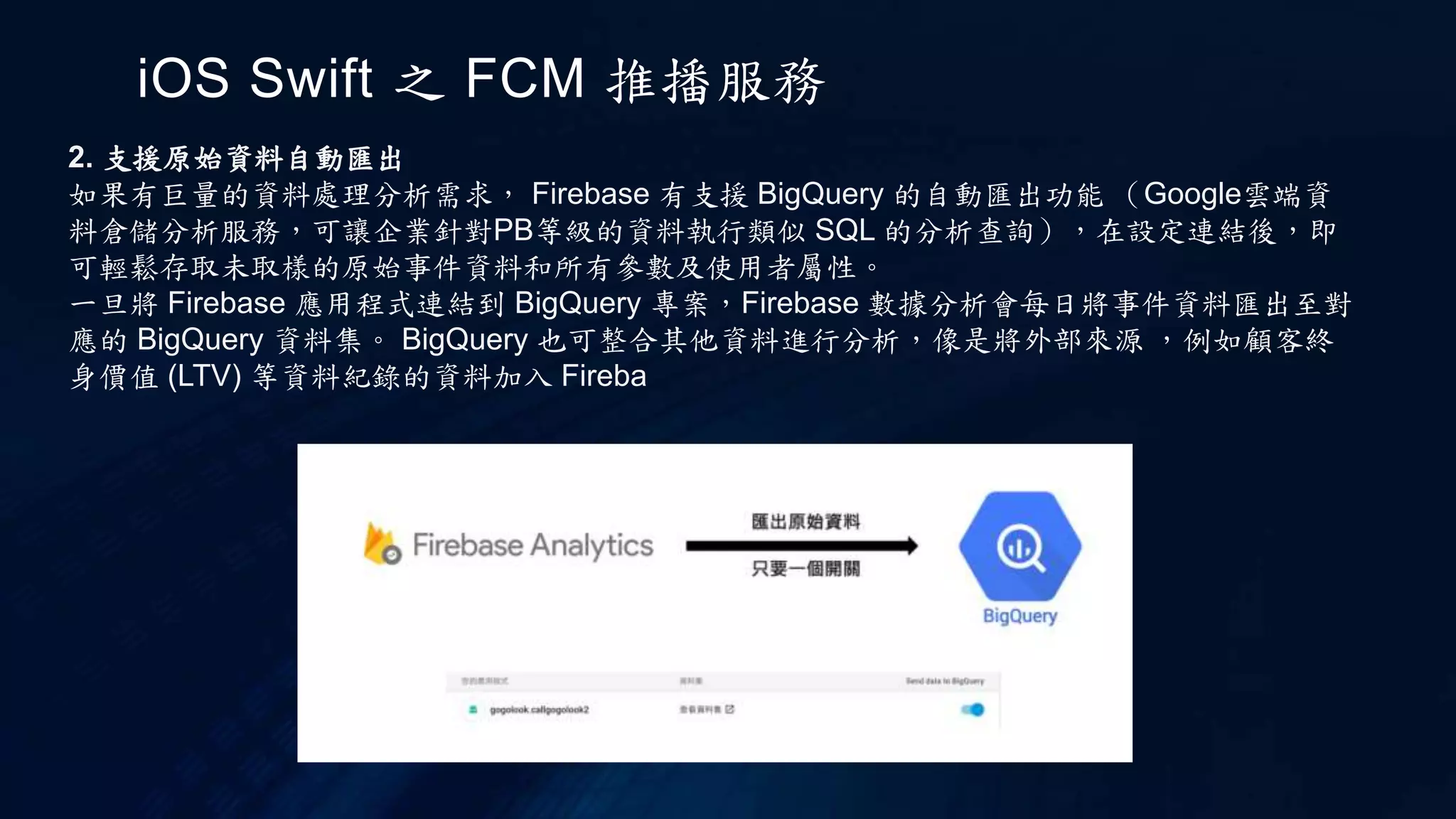 iOS Swift 之 FCM 推播服務
2. 支援原始資料自動匯出
如果有巨量的資料處理分析需求， Firebase 有支援 BigQuery 的自動匯出功能 （Google雲端資
料倉儲分析服務，可讓企業針對PB等級的資料執行類似 SQL 的分析查詢），在設定連結後，即
可輕鬆存取未取樣的原始事件資料和所有參數及使用者屬性。
一旦將 Firebase 應用程式連結到 BigQuery 專案，Firebase 數據分析會每日將事件資料匯出至對
應的 BigQuery 資料集。 BigQuery 也可整合其他資料進行分析，像是將外部來源 ，例如顧客終
身價值 (LTV) 等資料紀錄的資料加入 Fireba
 