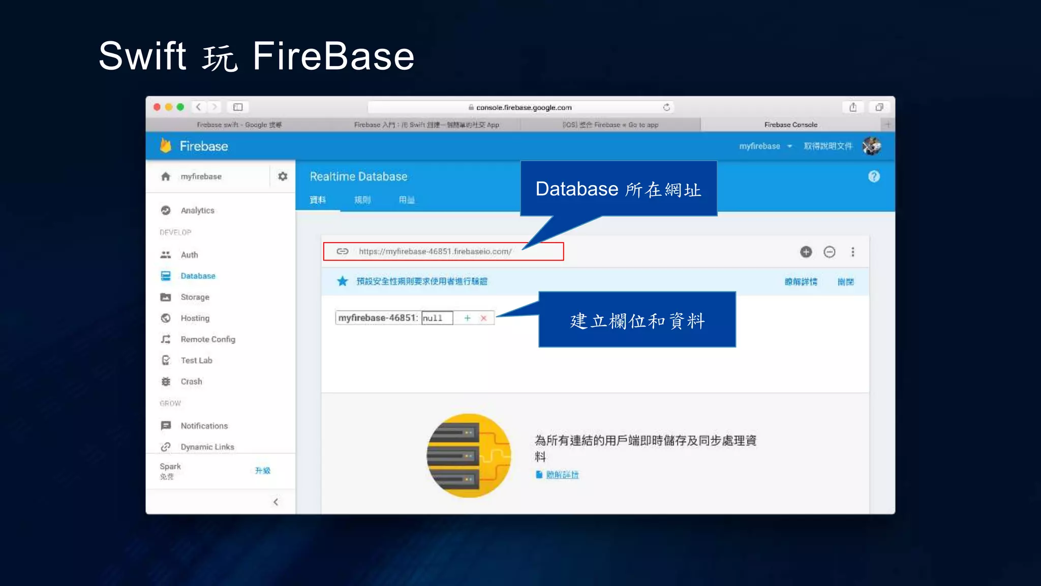 Swift 玩 FireBase
Database 所在網址
建立欄位和資料
 
