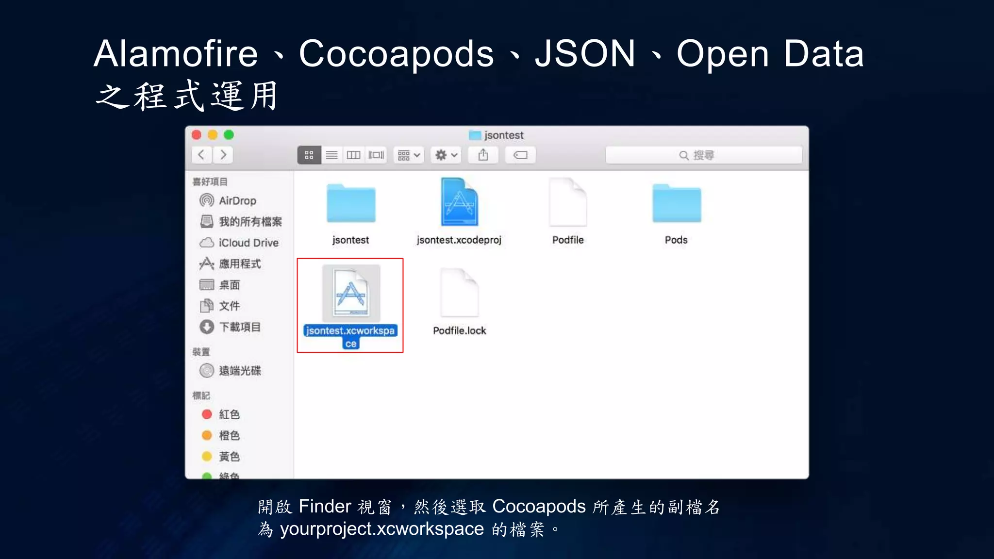 開啟 Finder 視窗，然後選取 Cocoapods 所產生的副檔名
為 yourproject.xcworkspace 的檔案。
Alamofire、Cocoapods、JSON、Open Data
之程式運用
 