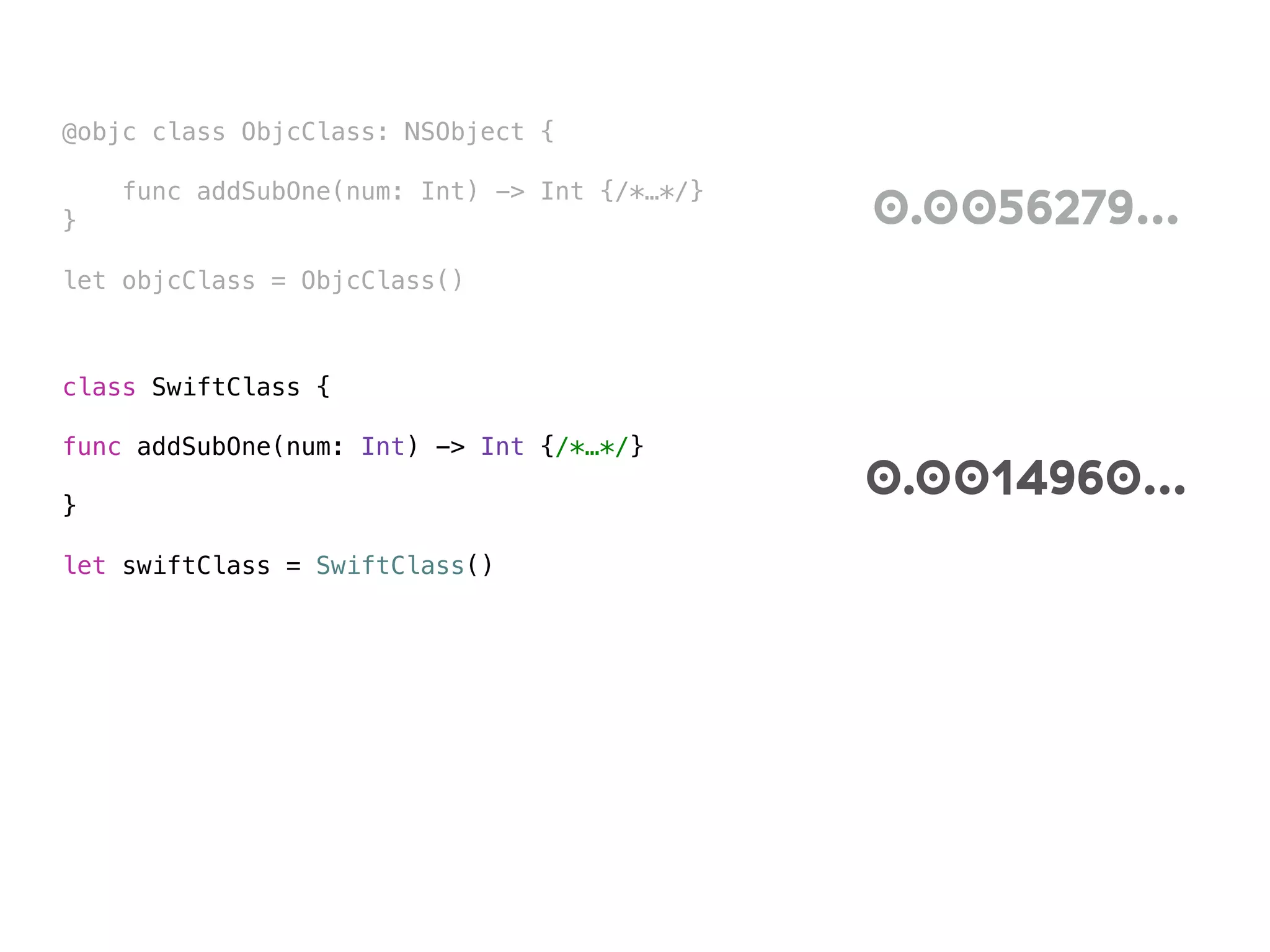 @objc class ObjcClass: NSObject {
func addSubOne(num: Int) -> Int {/*…*/}
}
let objcClass = ObjcClass()
0.0056279…
class SwiftClass {
func addSubOne(num: Int) -> Int {/*…*/}
}
let swiftClass = SwiftClass()
0.0014960…
 