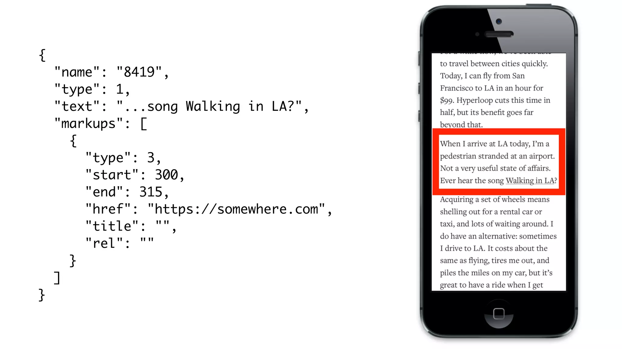 {	
"name": "8419",	
"type": 1,	
"text": "...song Walking in LA?",	
"markups": [	
{	
"type": 3,	
"start": 300,	
"end": 315,	
"href": "https://somewhere.com",	
"title": "",	
"rel": ""	
}	
]	
}
 