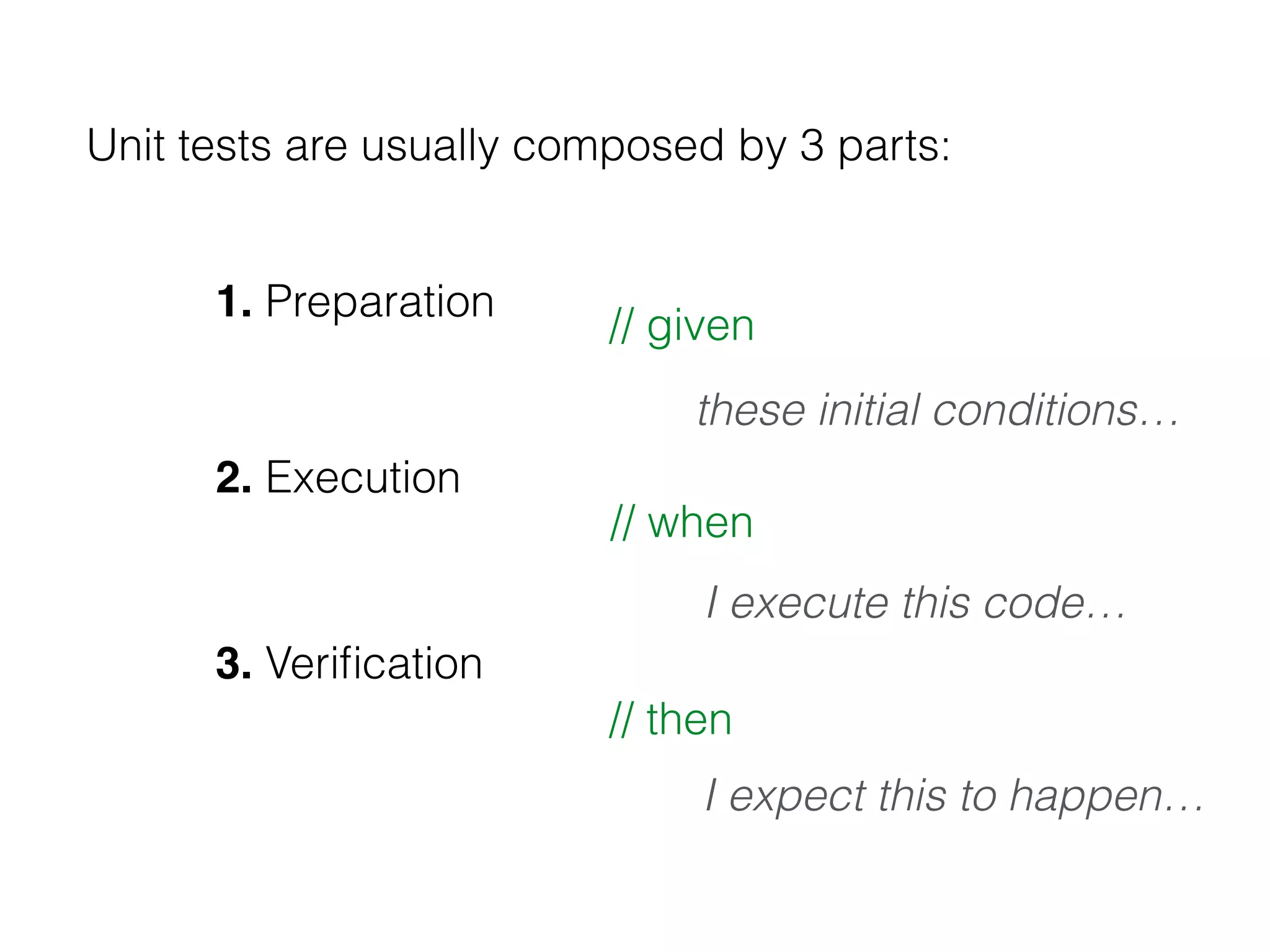 Unit tests are usually composed by 3 parts: 1. Preparation // given these initial conditions… // when I execute this code… // then I expect this to happen… 2. Execution 3. Verification 