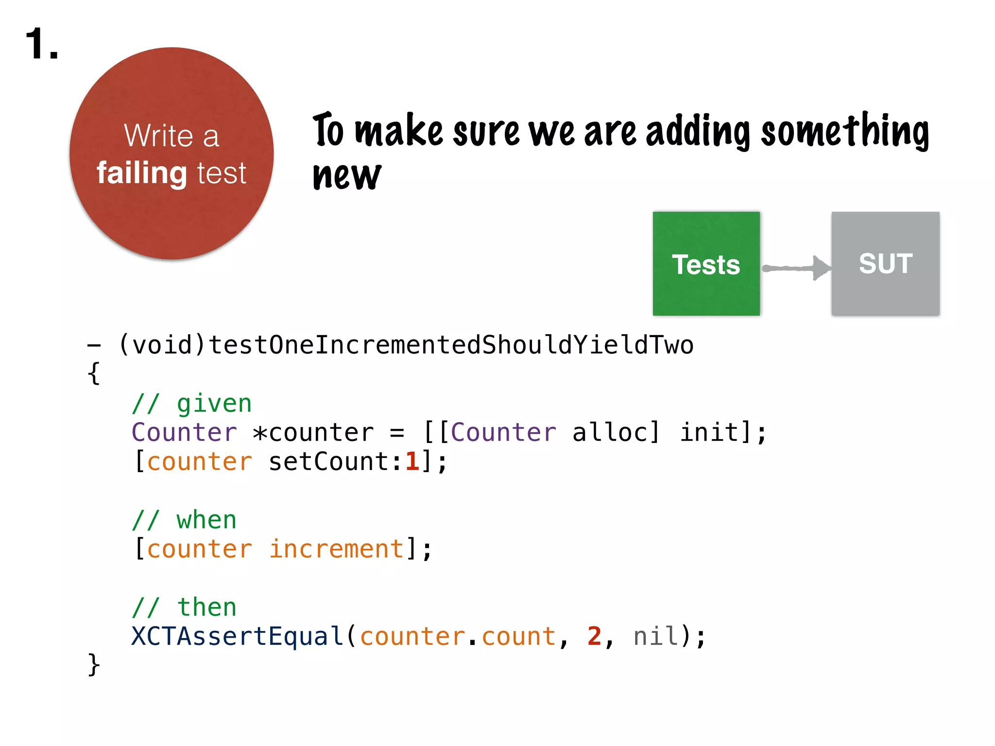 Write a failing test To make sure we are adding something new - (void)testOneIncrementedShouldYieldTwo { // given Counter *counter = [[Counter alloc] init]; [counter setCount:1]; ! // when [counter increment]; ! // then XCTAssertEqual(counter.count, 2, nil); } 1. Tests SUT 