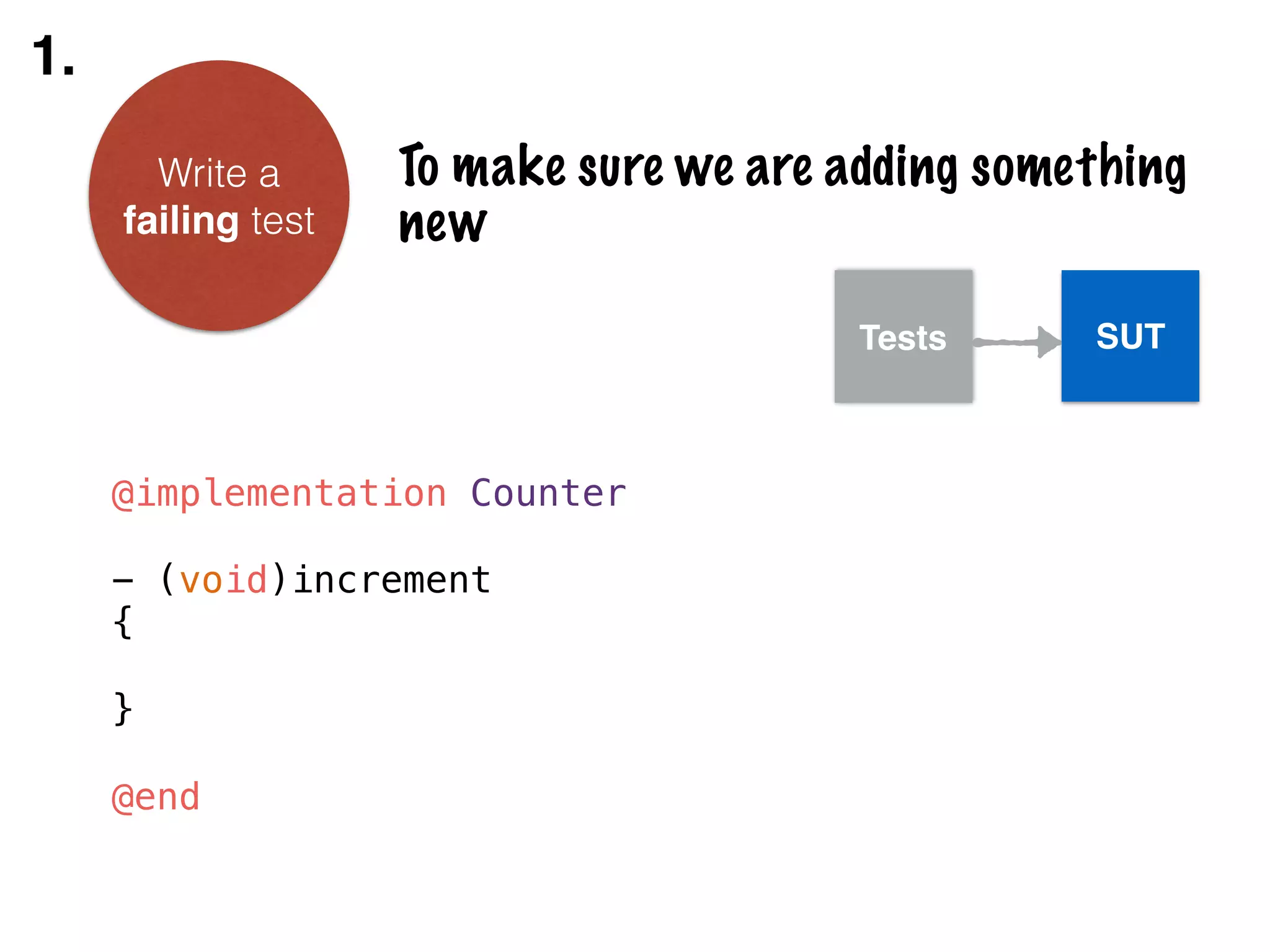 Write a failing test To make sure we are adding something new @implementation Counter ! - (void)increment { ! } ! @end 1. Tests SUT 