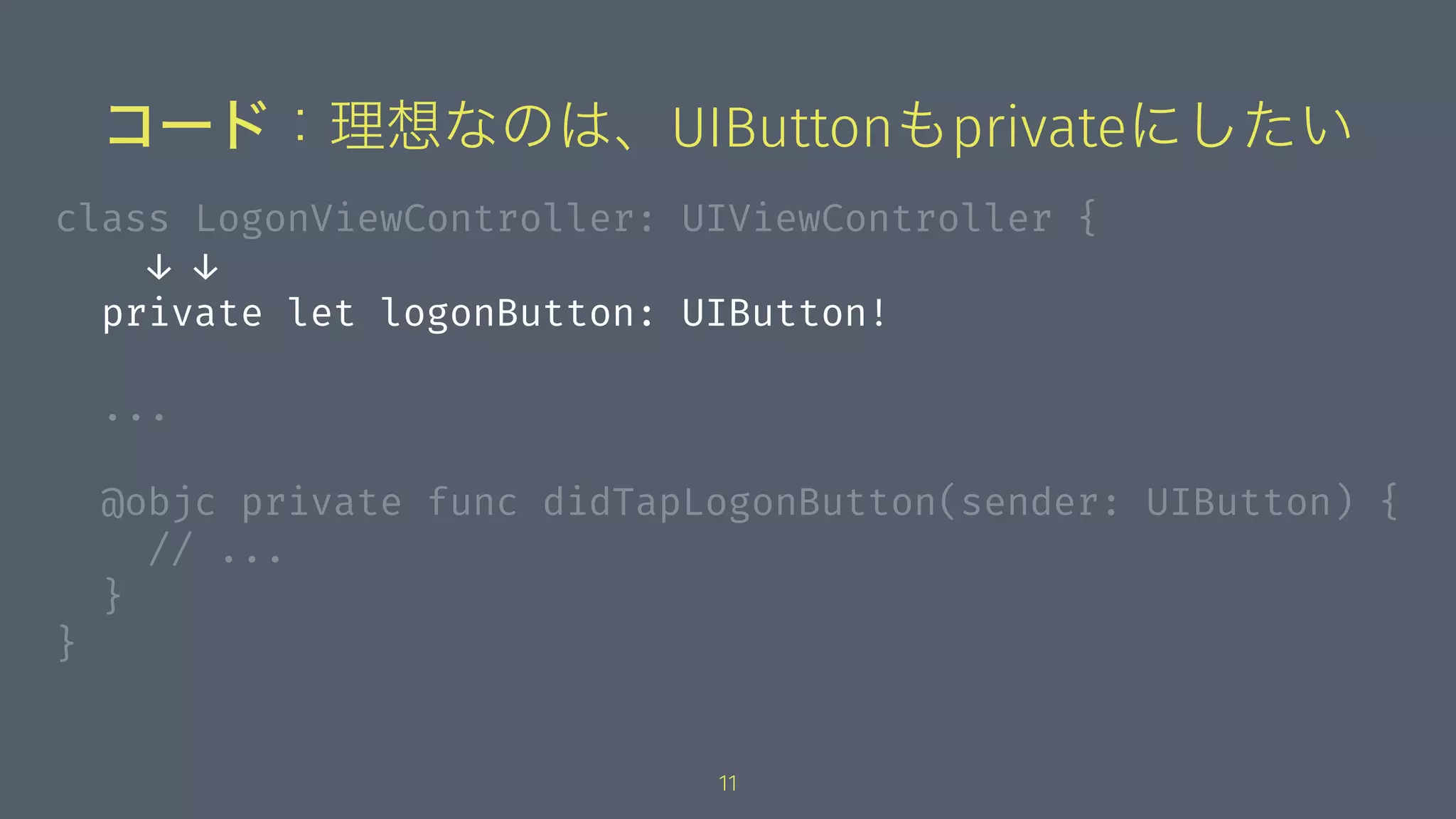 コード：理想なのは、UIButtonもprivateにしたい
class LogonViewController: UIViewController {
↓ ↓
private let logonButton: UIButton!
...
@objc private func didTapLogonButton(sender: UIButton) {
// ...
}
}
11
 
