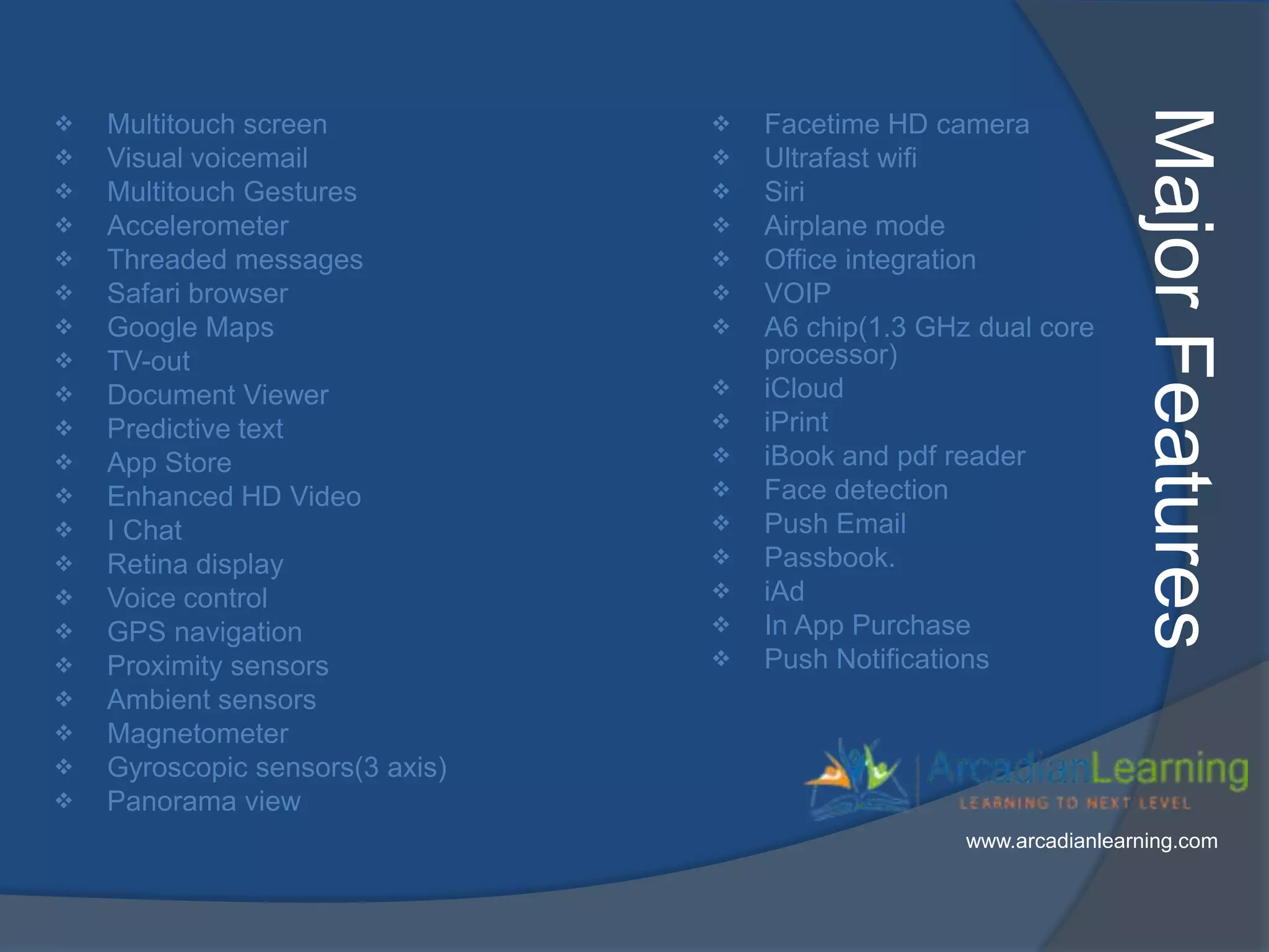 MajorFeatures
 Multitouch screen
 Visual voicemail
 Multitouch Gestures
 Accelerometer
 Threaded messages
 Safari browser
 Google Maps
 TV-out
 Document Viewer
 Predictive text
 App Store
 Enhanced HD Video
 I Chat
 Retina display
 Voice control
 GPS navigation
 Proximity sensors
 Ambient sensors
 Magnetometer
 Gyroscopic sensors(3 axis)
 Panorama view
 Facetime HD camera
 Ultrafast wifi
 Siri
 Airplane mode
 Office integration
 VOIP
 A6 chip(1.3 GHz dual core
processor)
 iCloud
 iPrint
 iBook and pdf reader
 Face detection
 Push Email
 Passbook.
 iAd
 In App Purchase
 Push Notifications
www.arcadianlearning.com
 