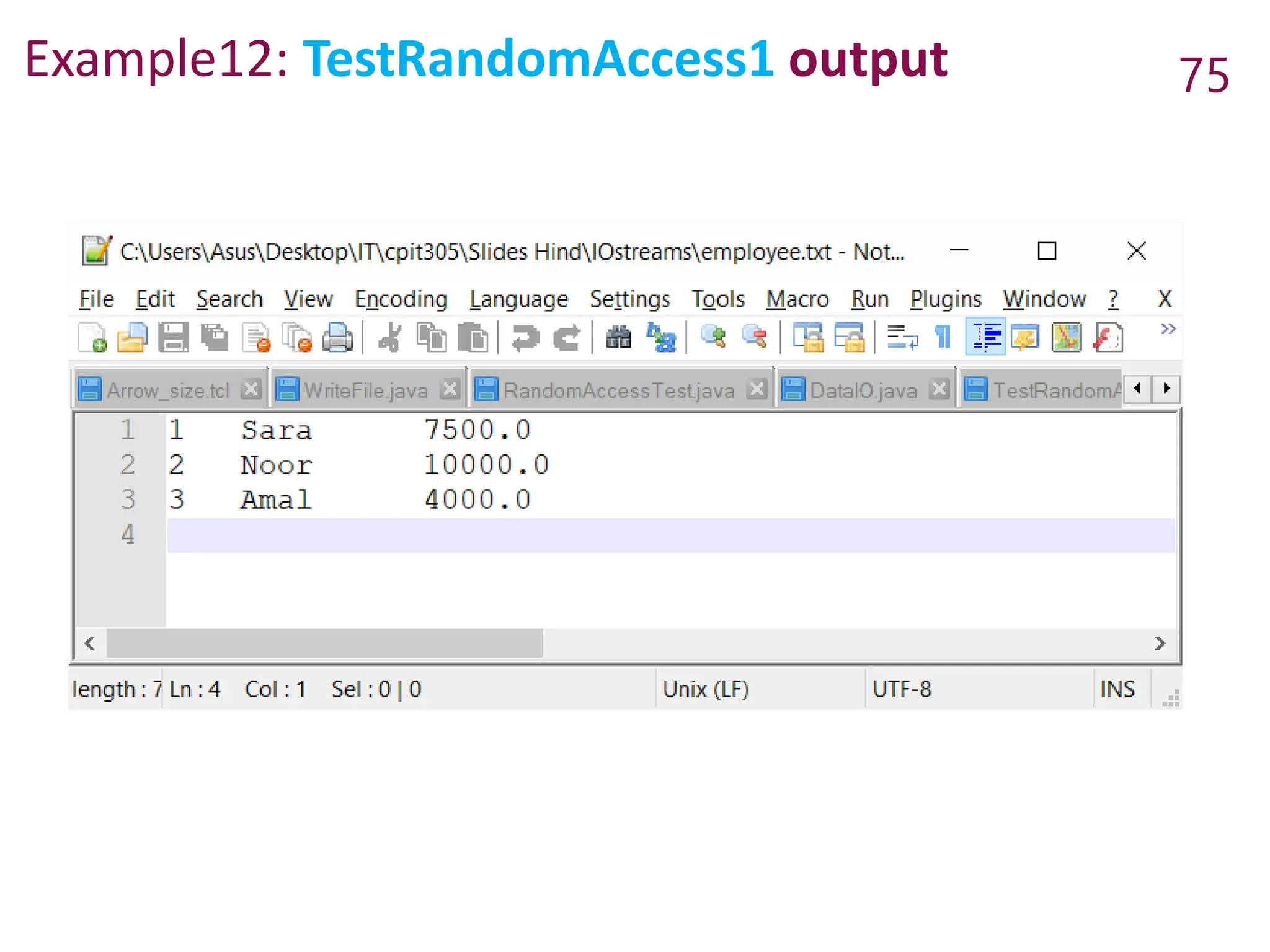 Example12: TestRandomAccess1 output 75
 