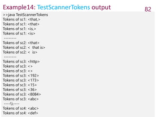 Example14: TestScannerTokens output 82
>>java TestScannerTokens
Tokens of sc1: <that,>
Tokens of sc1: <that>
Tokens of sc1: <is,>
Tokens of sc1: <is>
--------
Tokens of sc2: <that>
Tokens of sc2: < that is>
Tokens of sc2: < is>
--------
Tokens of sc3: <http>
Tokens of sc3: <>
Tokens of sc3: <>
Tokens of sc3: <192>
Tokens of sc3: <173>
Tokens of sc3: <15>
Tokens of sc3: <36>
Tokens of sc3: <8084>
Tokens of sc3: <abc>
--------
Tokens of sc4: <abc>
Tokens of sc4: <def>
 