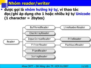 Nhóm reader/writer được gọi là  nhóm hướng ký tự , vì thao tác đọc/ghi áp dụng cho 1 hoặc nhiều ký tự  Unicode  (1 character = 2bytes) 