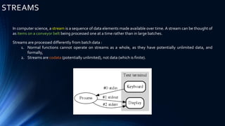 In computer science, a stream is a sequence of data elements made available over time. A stream can be thought of
as items on a conveyor belt being processed one at a time rather than in large batches.
Streams are processed differently from batch data :
1. Normal functions cannot operate on streams as a whole, as they have potentially unlimited data, and
formally,
2. Streams are codata (potentially unlimited), not data (which is finite).
STREAMS
 