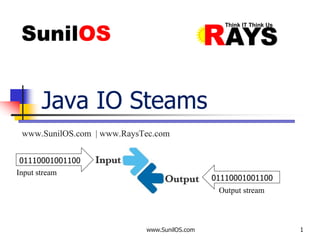 www.SunilOS.com 1
Java IO Steams
www.SunilOS.com | www.RaysTec.com
01110001001100
01110001001100
Input stream
Output stream
 