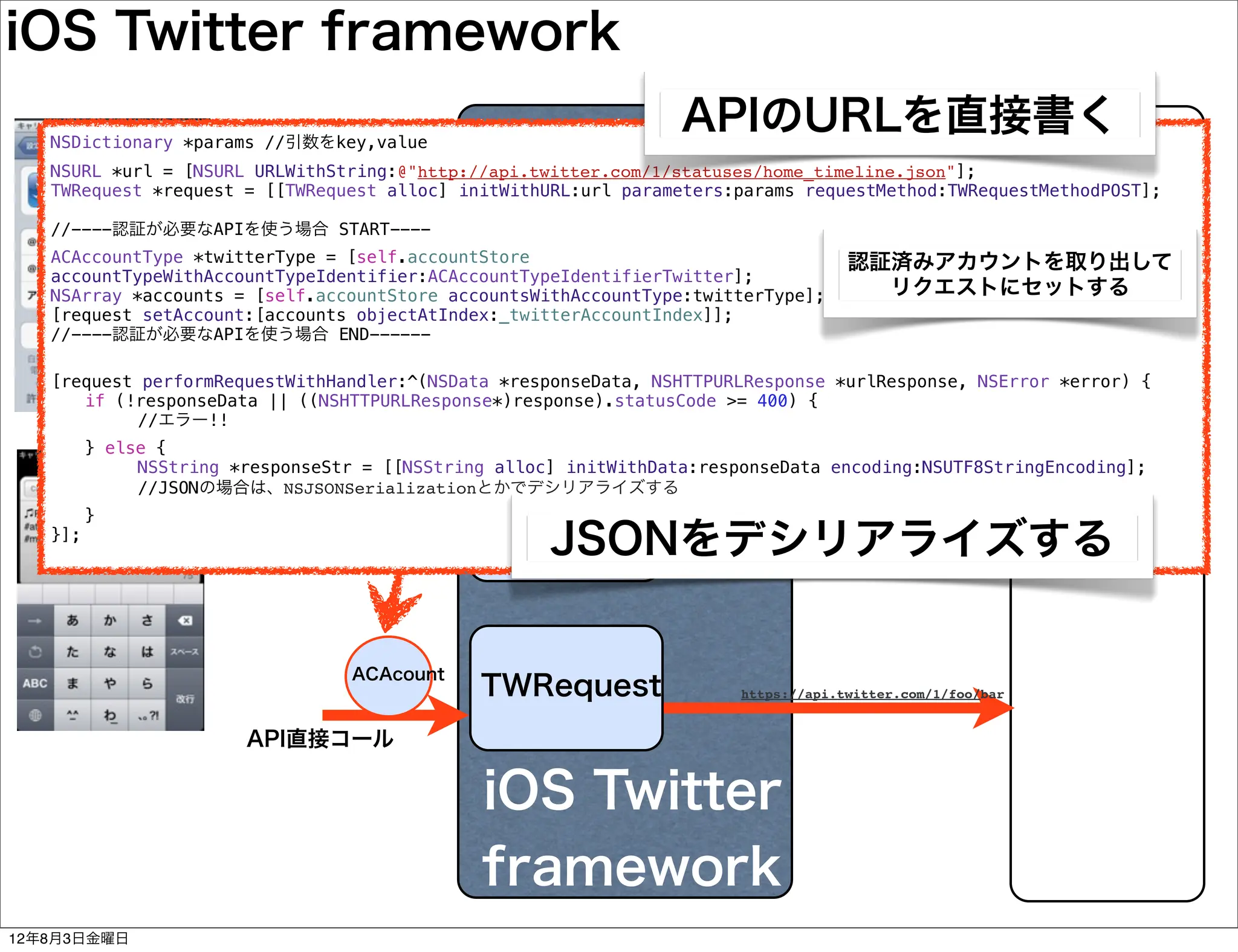 iOS Twitter framework
   NSDictionary *params //引数をkey,value
                                                        APIのURLを直接書く
                                            Account framework
   NSURL *url = [NSURL URLWithString:@"http://api.twitter.com/1/statuses/home_timeline.json"];
   TWRequest *request = [[TWRequest alloc] initWithURL:url parameters:params requestMethod:TWRequestMethodPOST];
                                             ACAccount
   //----認証が必要なAPIを使う場合 START----
                                             ・username
   ACAccountType *twitterType = [self.accountStore
                                             ・token                                 認証済みアカウントを取り出して
   accountTypeWithAccountTypeIdentifier:ACAccountTypeIdentifierTwitter];
                                             ・secret         set
   NSArray *accounts = [self.accountStore accountsWithAccountType:twitterType];       リクエストにセットする
   [request setAccount:[accounts objectAtIndex:_twitterAccountIndex]];
   //----認証が必要なAPIを使う場合 END------
                      アカウント設定
                                                          OAuth
   [request performRequestWithHandler:^(NSData *responseData, NSHTTPURLResponse *urlResponse, NSError *error) {
   ! if (!responseData || ((NSHTTPURLResponse*)response).statusCode >= 400) {
   ! !      //エラー!!
                                             get
   !   } else {
   !   !    NSString *responseStr = [[NSString alloc] initWithData:responseData encoding:NSUTF8StringEncoding];
   !   !                  ツイート
                                               Tweet
            //JSONの場合は、NSJSONSerializationとかでデシリアライズする          https://api.twitter.com/1/statuses/update


                                                             Twitter
   ! }
   }];
                                                 JSONをデシリアライズする
                                               Sheet

                                 ACAcount
                                             TWRequest                 https://api.twitter.com/1/foo/bar


                      API直接コール

                                             iOS Twitter
                                             framework
12年8月3日金曜日
 