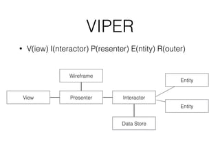 VIPER 
• V(iew) I(nteractor) P(resenter) E(ntity) R(outer) 
View Presenter Interactor 
Entity 
Entity 
Wireframe 
Data Store 
 