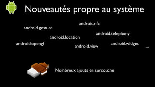 Nouveautés propre au système
                                android.nfc
   android.gesture
                                         android.telephony
                 android.location
android.opengl                                  android.widget
                              android.view                       ...




                     Nombreux ajouts en surcouche
 