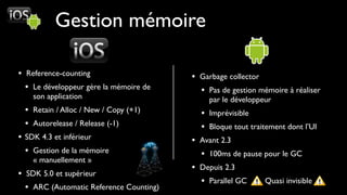 Gestion mémoire

• Reference-counting                     • Garbage collector
  • Le développeur gère la mémoire de      • Pas de gestion mémoire à réaliser
    son application                           par le développeur
 • Retain / Alloc / New / Copy (+1)        • Imprévisible
 • Autorelease / Release (-1)              • Bloque tout traitement dont l’UI
• SDK 4.3 et inférieur                   • Avant 2.3
  • Gestion de la mémoire                  • 100ms de pause pour le GC
    « manuellement »
                                         • Depuis 2.3
• SDK 5.0 et supérieur
                                           • Parallel GC    Quasi invisible
  • ARC (Automatic Reference Counting)
 