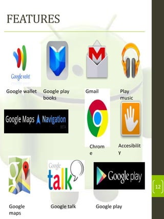 FEATURES

Google wallet

Google play
books

Gmail

Chrom
e

Play
music

Accesibilit
y

12

Google
maps

Google talk

Google play

 