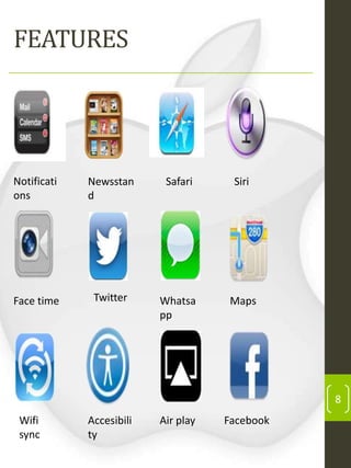 FEATURES

Notificati
ons

Newsstan
d

Safari

Siri

Face time

Twitter

Whatsa
pp

Maps

8
Wifi
sync

Accesibili
ty

Air play

Facebook

 