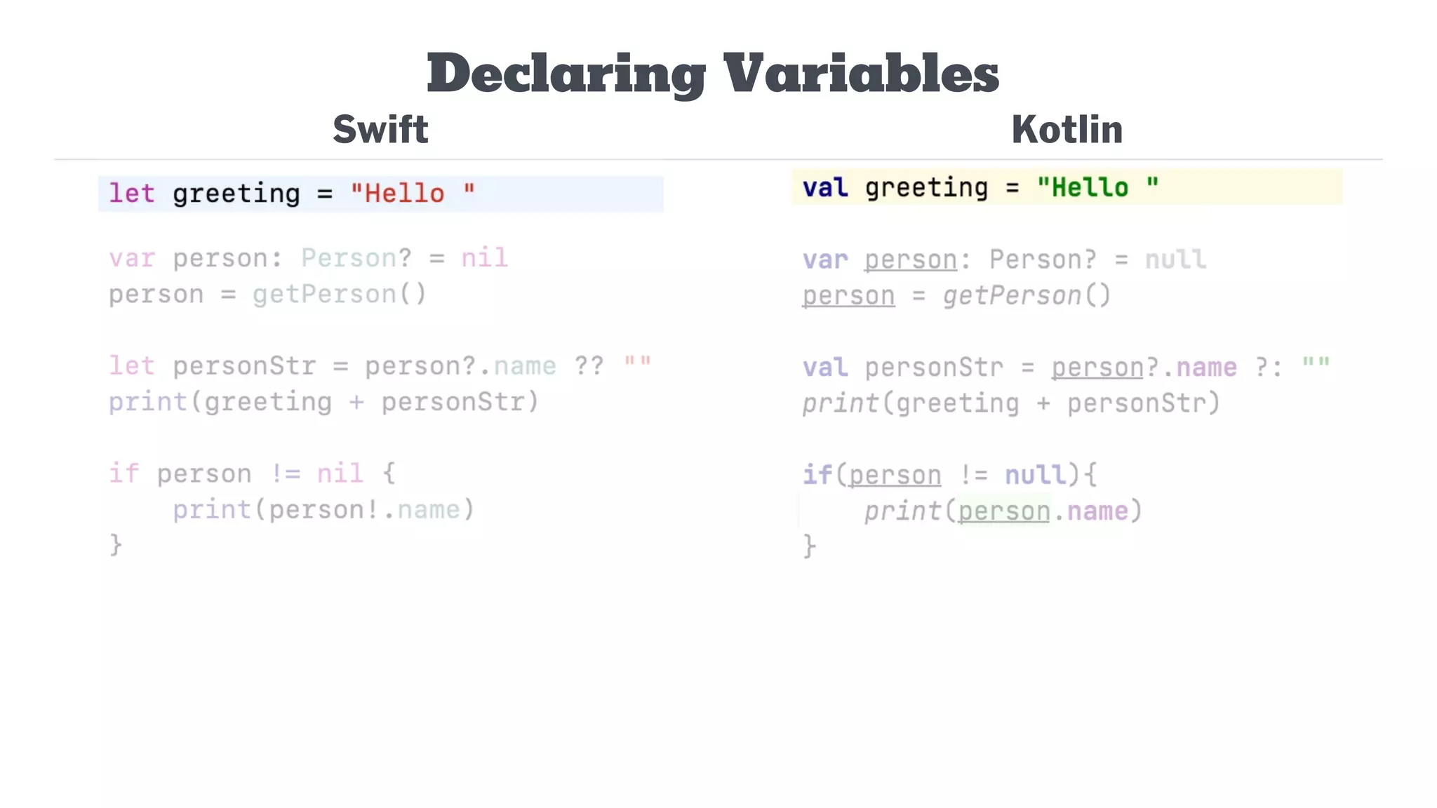 Swift
Declaring Variables
Kotlin
 
