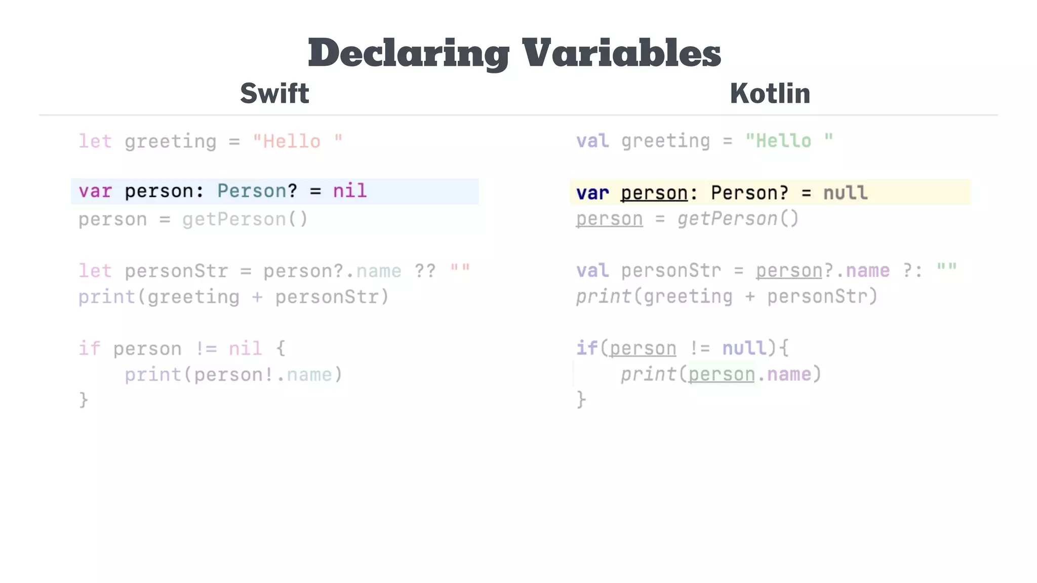 Swift
Declaring Variables
Kotlin
 