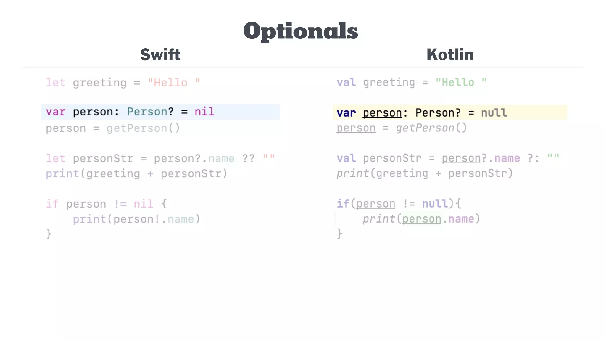 Swift
Optionals
Kotlin
 