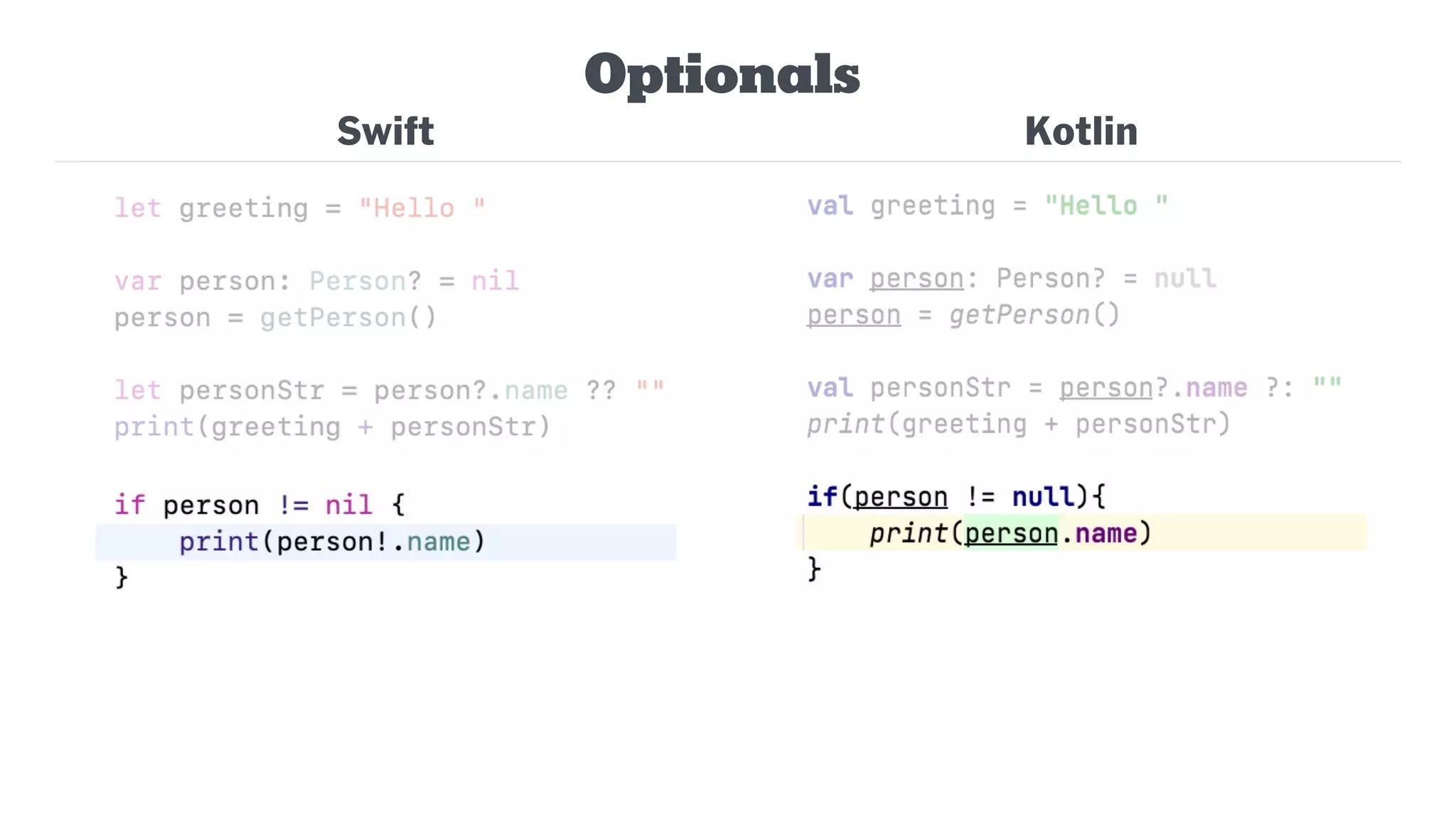 Swift
Optionals
Kotlin
 