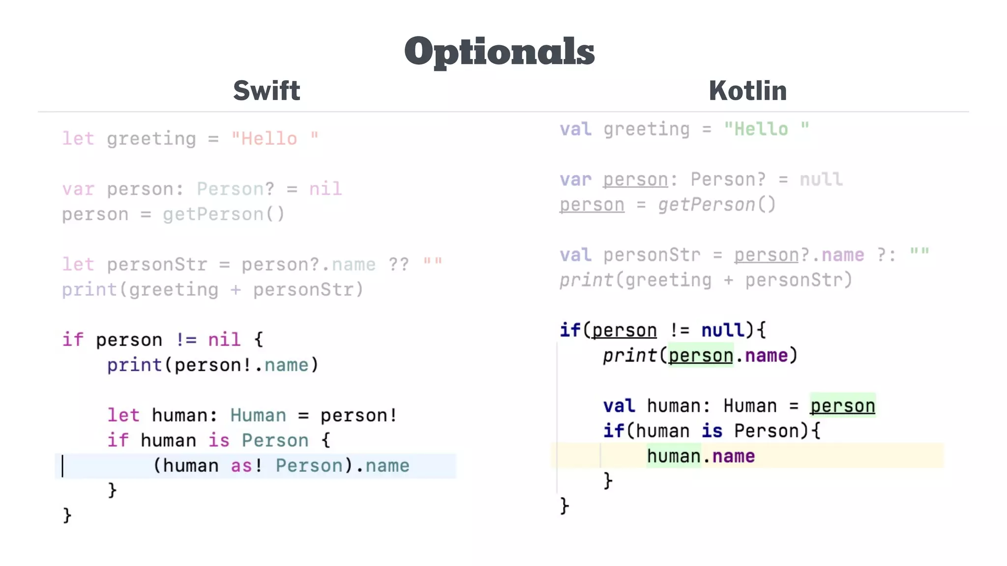 Swift
Optionals
Kotlin
 