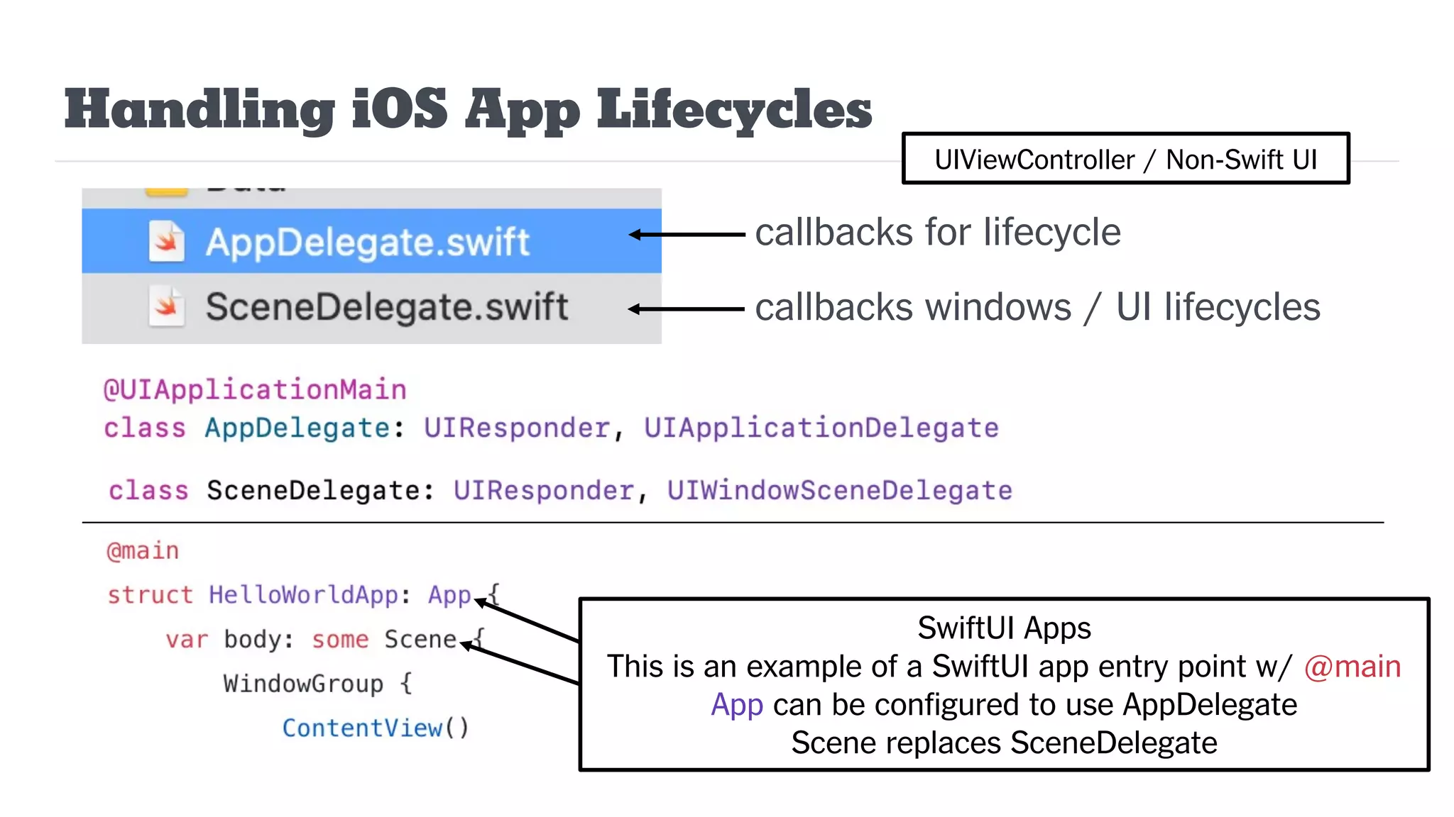 Handling iOS App Lifecycles
callbacks for lifecycle
callbacks windows / UI lifecycles
SwiftUI Apps
This is an example of a SwiftUI app entry point w/ @main
App can be configured to use AppDelegate
Scene replaces SceneDelegate
UIViewController / Non-Swift UI
 