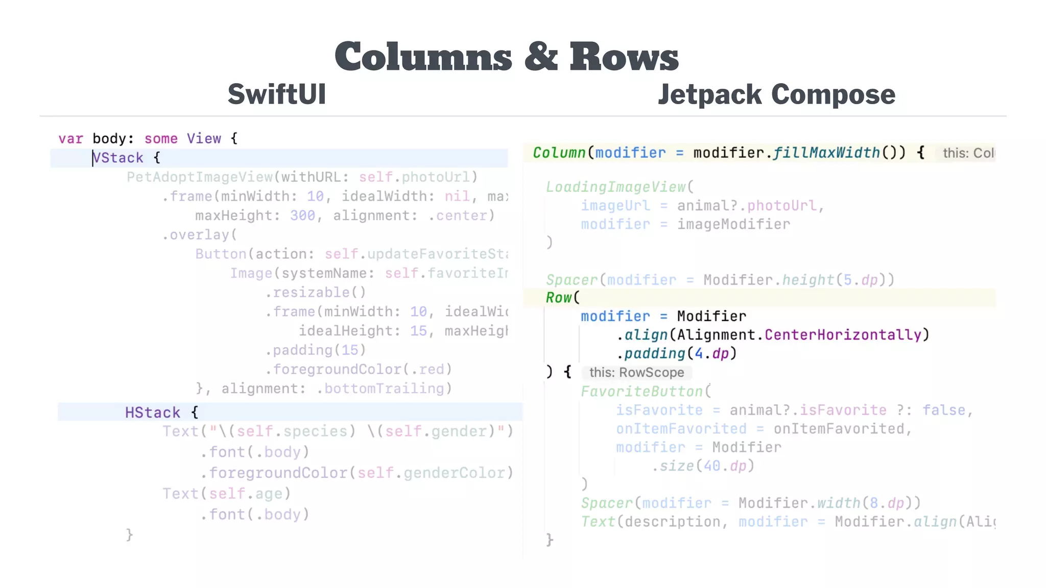 Columns & Rows
SwiftUI Jetpack Compose
 