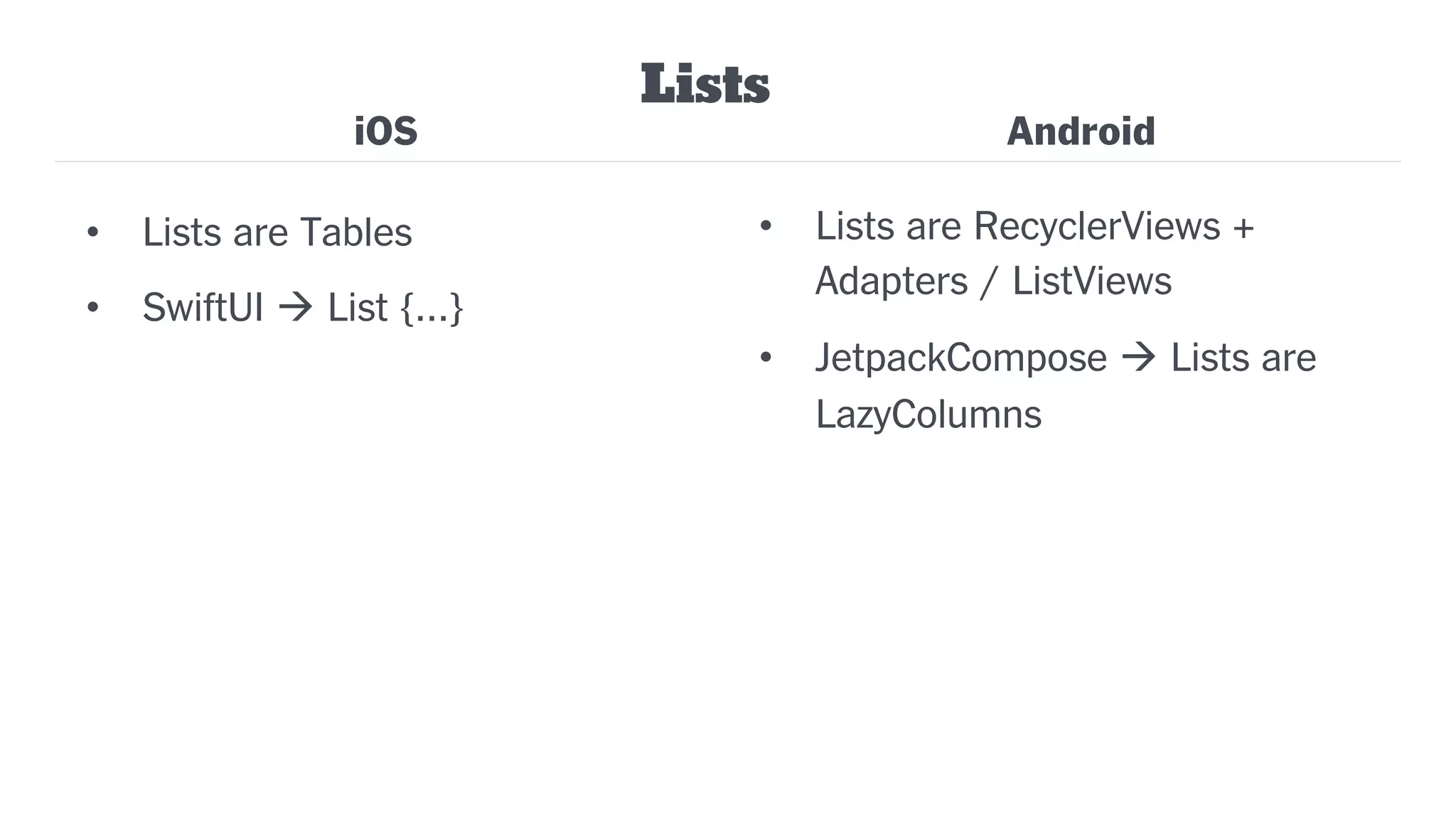 iOS
• Lists are Tables
• SwiftUI à List {…}
• Lists are RecyclerViews +
Adapters / ListViews
• JetpackCompose à Lists are
LazyColumns
Lists
Android
 