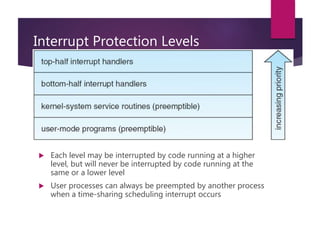 Interrupt Protection Levels
 Each level may be interrupted by code running at a higher
level, but will never be interrupted by code running at the
same or a lower level
 User processes can always be preempted by another process
when a time-sharing scheduling interrupt occurs
 