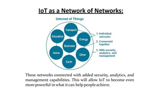 IoT as a Network of Networks:
These networks connected with added security, analytics, and
management capabilities. This will allow IoT to become even
more powerful in what itcan help peopleachieve.
 