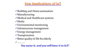 Few Applications of IoT
Building and Home automation
Manufacturing
Medical and Healthcare systems
Media
Environmental monitoring
Infrastructure management
Energy management
Transportation
Betterquality of life forelderly
... ... ...
You name it, and you will have it in IoT!
 