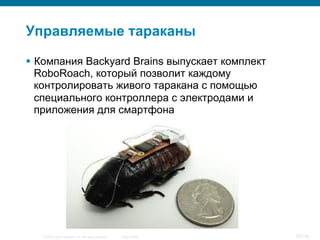 © 2007 Cisco Systems, Inc. All rights reserved. Cisco Public 30/139
Управляемые тараканы
§  Компания Backyard Brains выпускает комплект
RoboRoach, который позволит каждому
контролировать живого таракана с помощью
специального контроллера с электродами и
приложения для смартфона
 