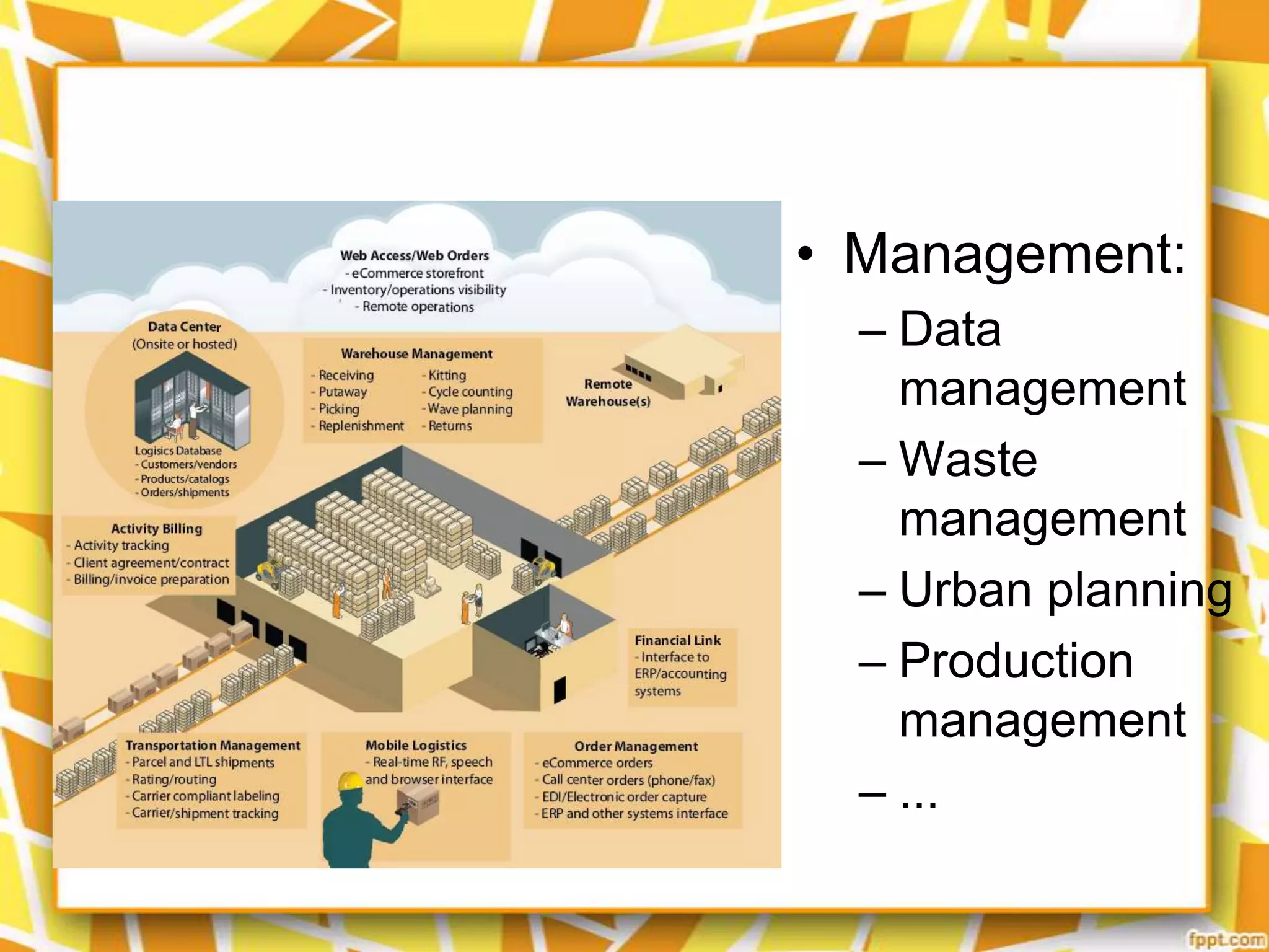 • Management:
– Data
management
– Waste
management
– Urban planning
– Production
management
– ...

 