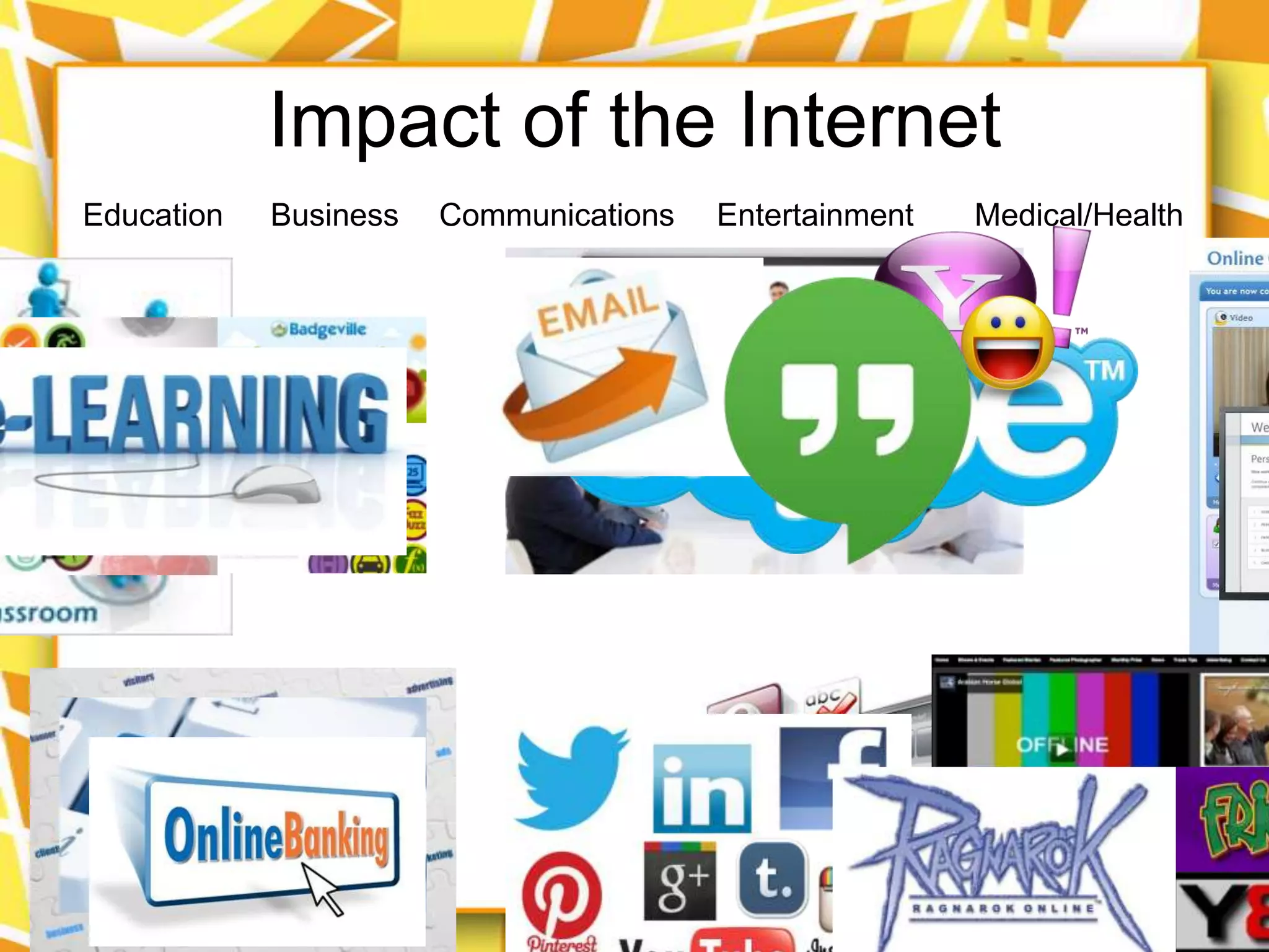 Impact of the Internet
Education

Business

Communications

Entertainment

Medical/Health

 