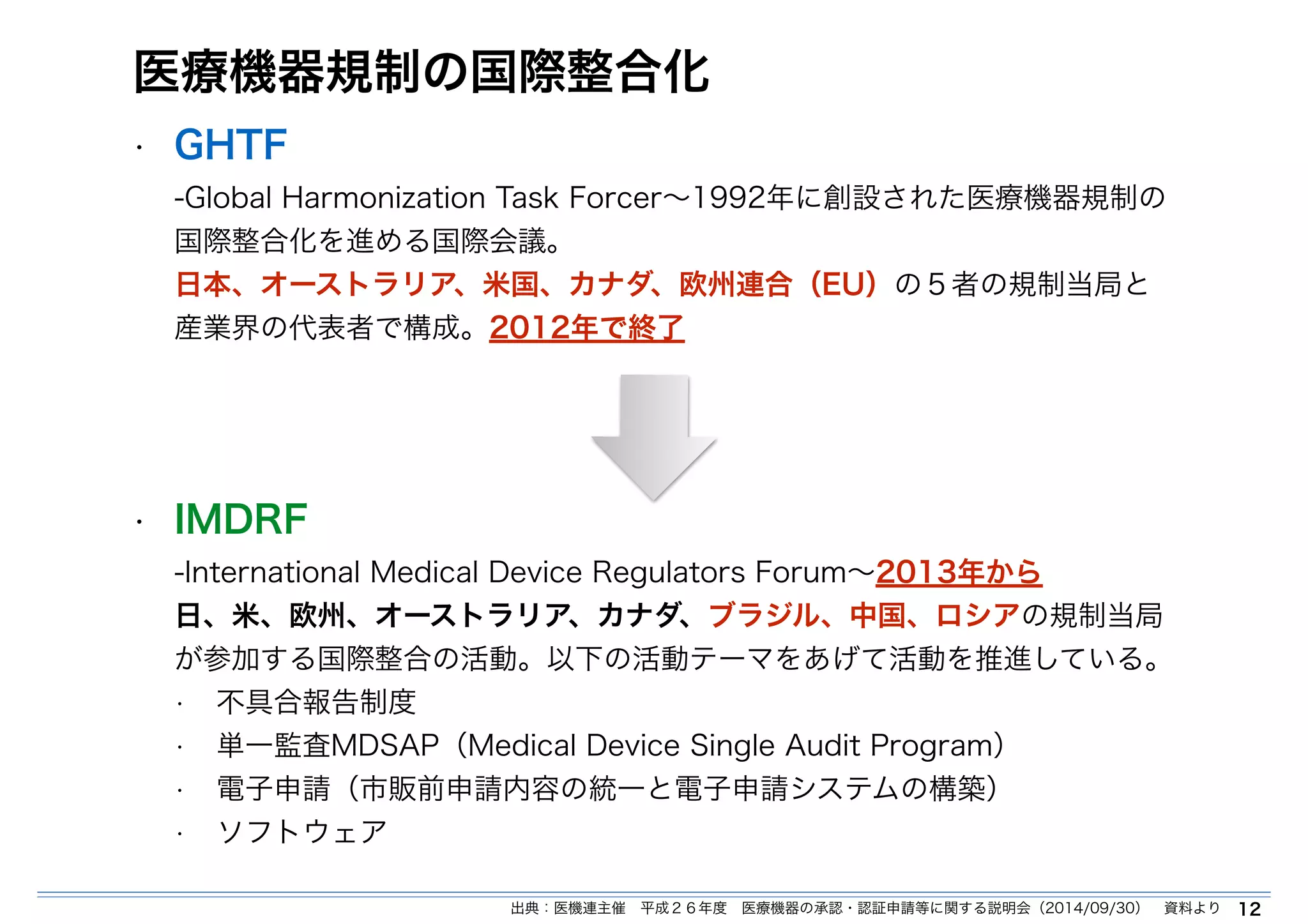 医療機器規制の国際整合化 
• GHTF 
-Global Harmonization Task Forcer～1992年に創設された医療機器規制の 
国際整合化を進める国際会議。 
日本、オーストラリア、米国、カナダ、欧州連合（EU）の５者の規制当局と 
産業界の代表者で構成。2012年で終了 
! 
• IMDRF 
-International Medical Device Regulators Forum～2013年から 
日、米、欧州、オーストラリア、カナダ、ブラジル、中国、ロシアの規制当局 
が参加する国際整合の活動。以下の活動テーマをあげて活動を推進している。 
• 不具合報告制度 
• 単一監査MDSAP（Medical Device Single Audit Program） 
• 電子申請（市販前申請内容の統一と電子申請システムの構築） 
• ソフトウェア 
出典：医機連主催　平成２６年度　医療機器の承認・認証申請等に関する説明会（2014/09/30）　資料より12 
 