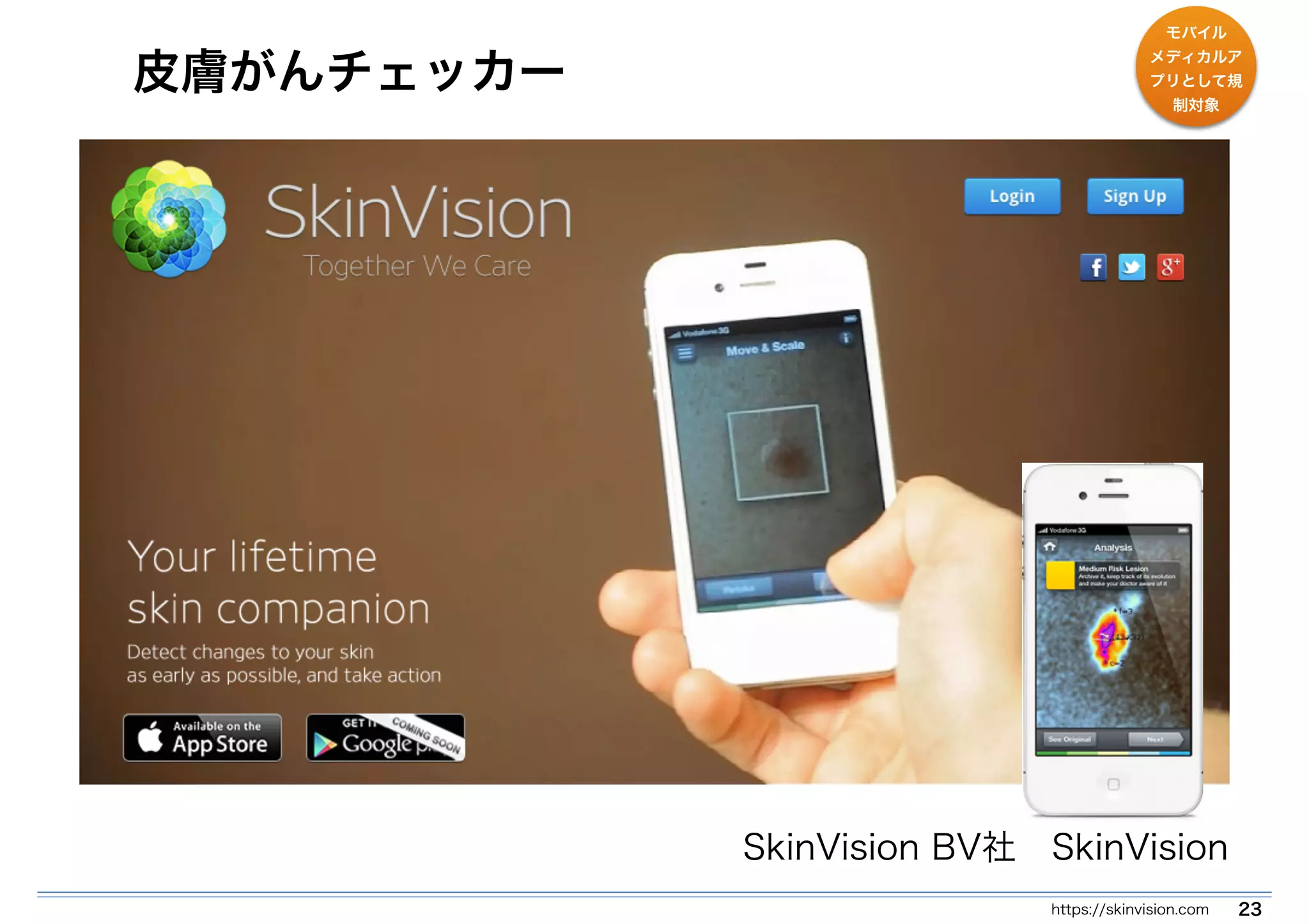 皮膚がんチェッカー 
モバイル 
メディカルア 
プリとして規 
制対象 
SkinVision BV社　SkinVision 
https://skinvision.com 23 
 