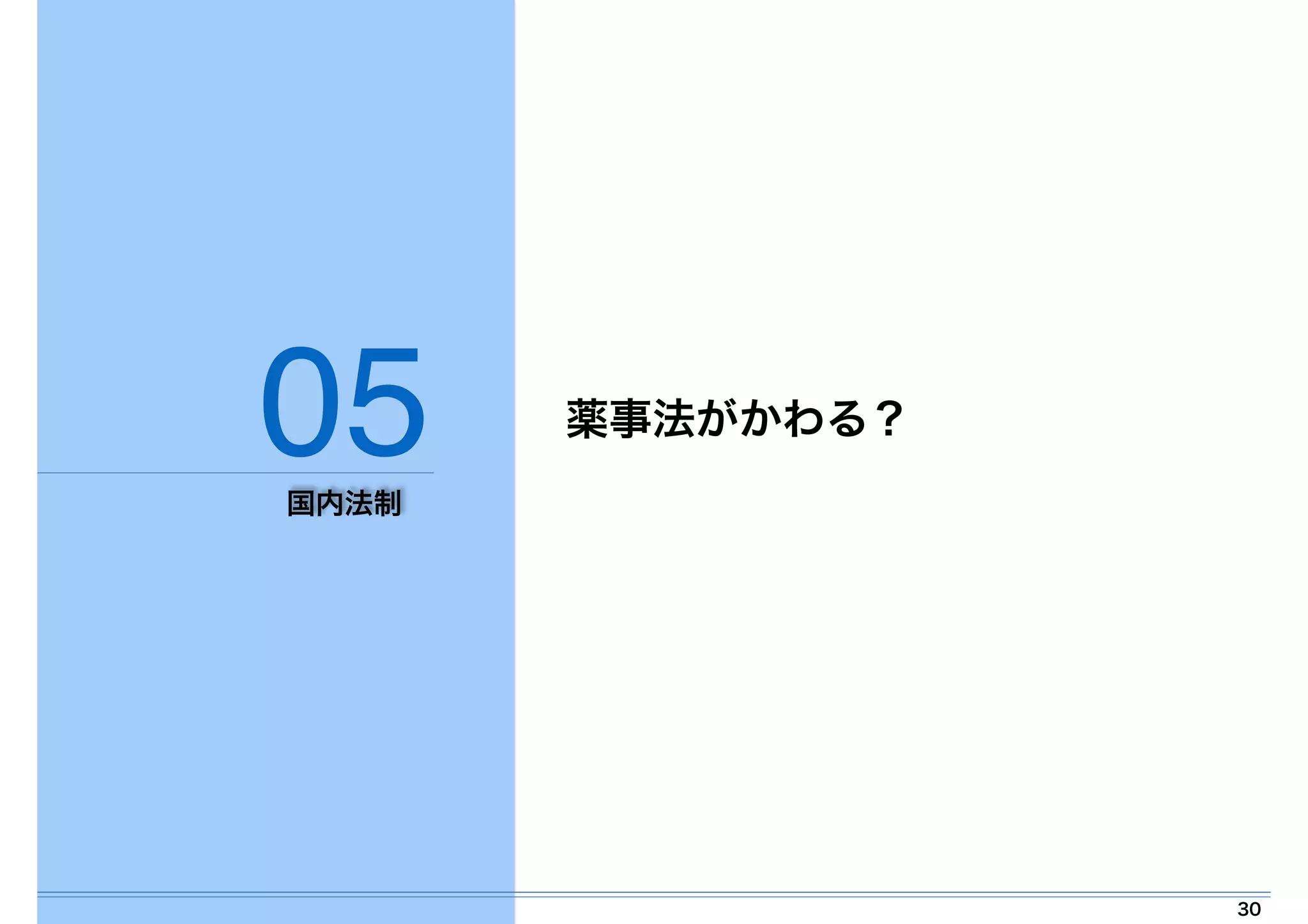 30 
05 
国内法制 
薬事法がかわる？ 
 