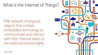 “ ” 
What is the Internet of Things? 
The network of physical 
objects that contain 
embedded technology to 
communicate and interact 
with their internal states or 
the external environment. 
Source: Gartner 
 