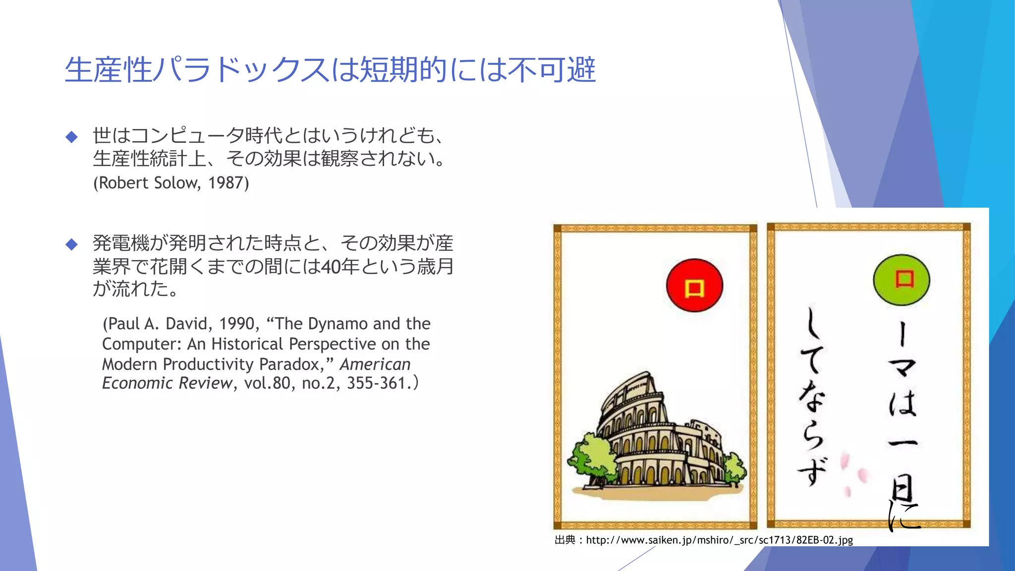 生産性パラドックスは短期的には不可避 
 世はコンピュータ時代とはいうけれども、 
生産性統計上、その効果は観察されない。 
(Robert Solow, 1987) 
 発電機が発明された時点と、その効果が産 
業界で花開くまでの間には40年という歳月 
が流れた。 
(Paul A. David, 1990, “The Dynamo and the 
Computer: An Historical Perspective on the 
Modern Productivity Paradox,” American 
Economic Review, vol.80, no.2, 355-361.） 
出典：http://www.saiken.jp/mshiro/_src/sc1713/82EB-02.jpg 
に 
 