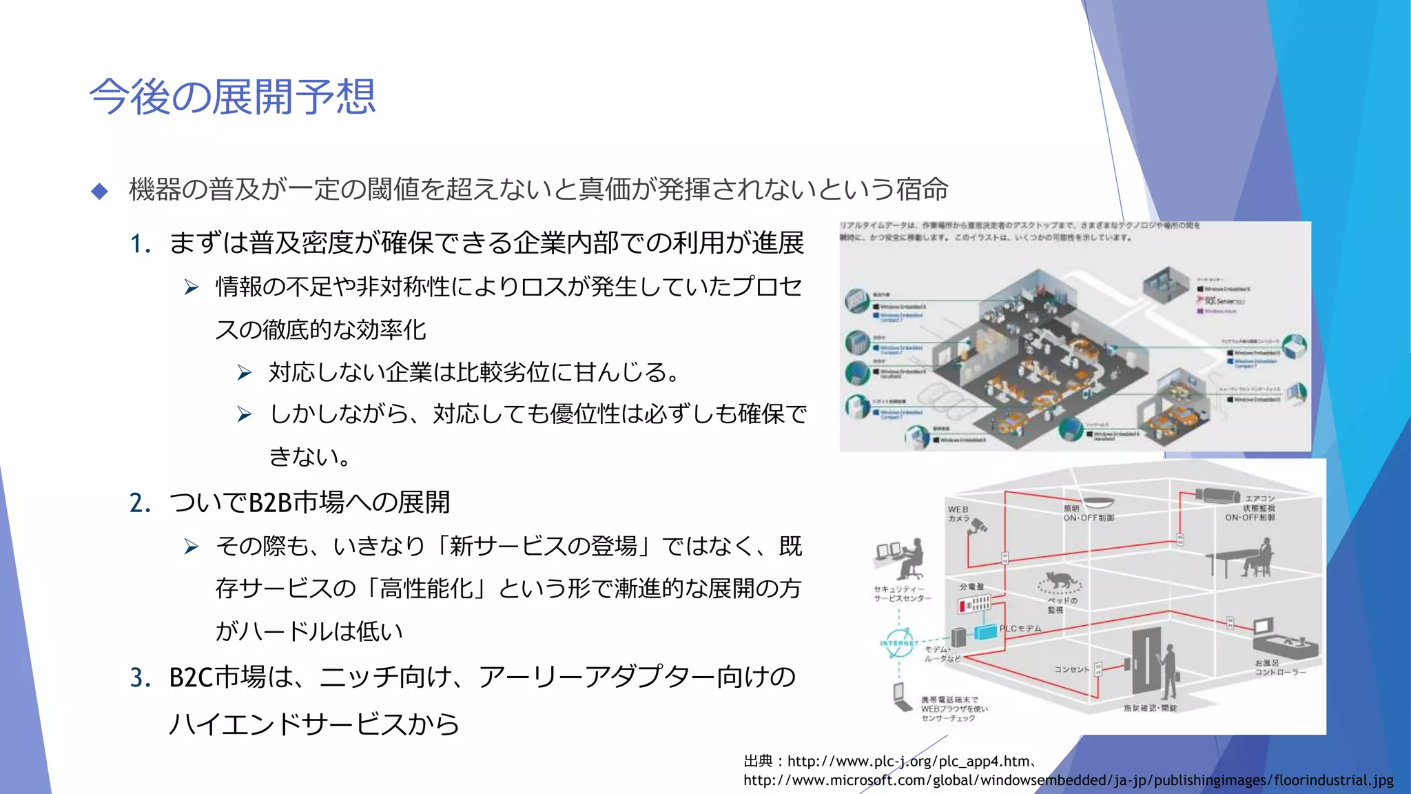 今後の展開予想 
 機器の普及が一定の閾値を超えないと真価が発揮されないという宿命 
1. まずは普及密度が確保できる企業内部での利用が進展 
 情報の不足や非対称性によりロスが発生していたプロセ 
スの徹底的な効率化 
 対応しない企業は比較劣位に甘んじる。 
 しかしながら、対応しても優位性は必ずしも確保で 
きない。 
2. ついでB2B市場への展開 
 その際も、いきなり「新サービスの登場」ではなく、既 
存サービスの「高性能化」という形で漸進的な展開の方 
がハードルは低い 
3. B2C市場は、ニッチ向け、アーリーアダプター向けの 
ハイエンドサービスから 
出典：http://www.plc-j.org/plc_app4.htm、 
http://www.microsoft.com/global/windowsembedded/ja-jp/publishingimages/floorindustrial.jpg 
