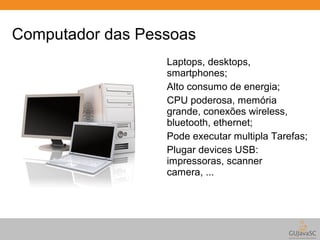Computador das Pessoas 
Laptops, desktops, 
smartphones; 
Alto consumo de energia; 
CPU poderosa, memória 
grande, conexões wireless, 
bluetooth, ethernet; 
Pode executar multipla Tarefas; 
Plugar devices USB: 
impressoras, scanner 
camera, ... 
 