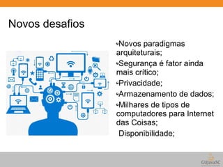 Novos desafios 
Novos paradigmas 
arquiteturais; 
Segurança é fator ainda 
mais crítico; 
Privacidade; 
Armazenamento de dados; 
Milhares de tipos de 
computadores para Internet 
das Coisas; 
Disponibilidade; 
 