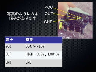 VCC 
OUT 
GND 
写真のように３本 
端子があります 
端子機能 
VCC DC4.5～20V 
OUT HIGH: 3.3V、LOW:0V 
GND GND 
 