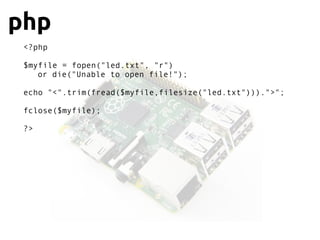 php
<?php
$myfile = fopen("led.txt", "r")
or die("Unable to open file!");
echo "<".trim(fread($myfile,filesize("led.txt"))).">";
fclose($myfile);
?>
 