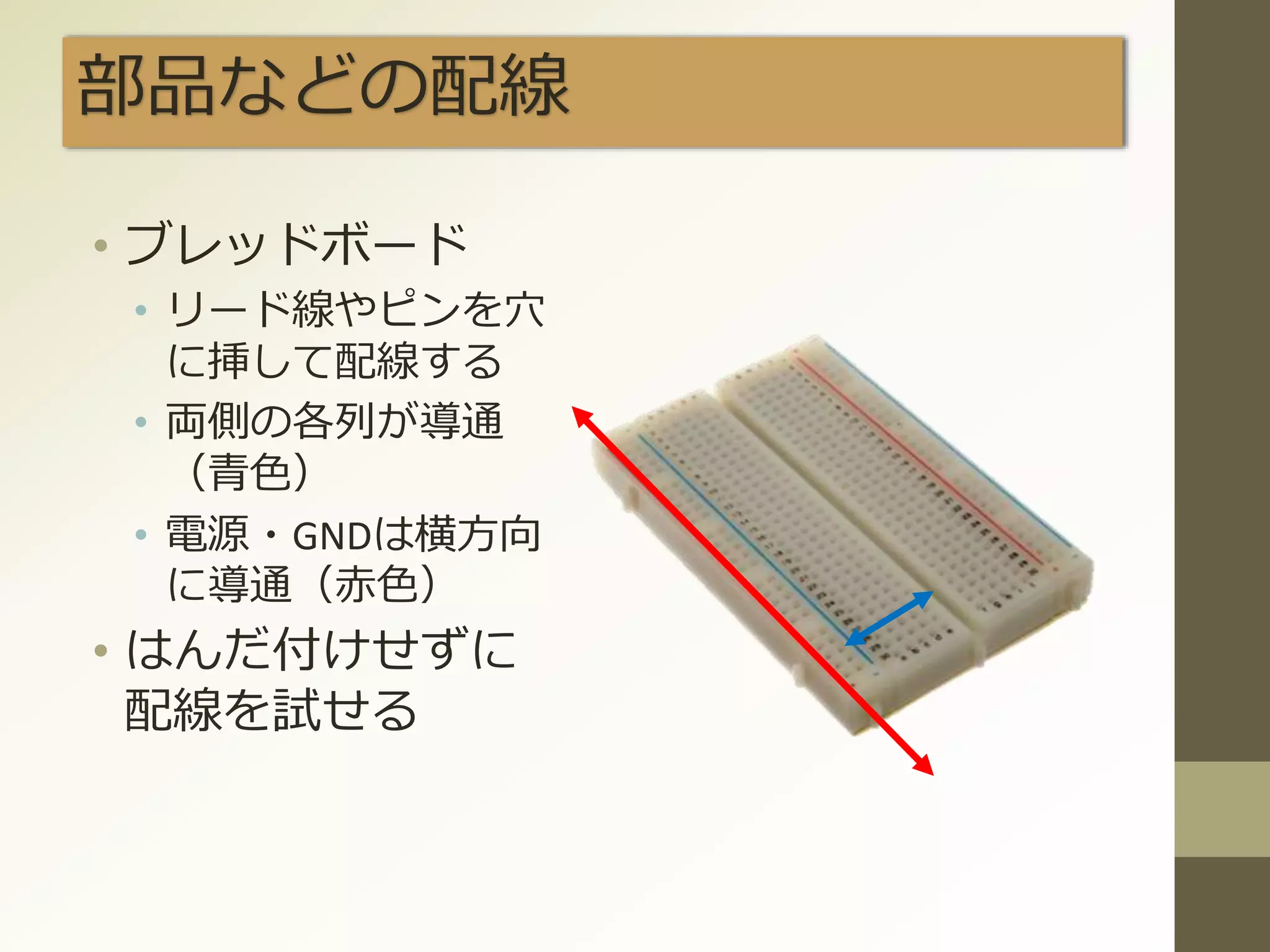 部品などの配線
• ブレッドボード
• リード線やピンを穴
に挿して配線する
• 両側の各列が導通
（青色）
• 電源・GNDは横方向
に導通（赤色）
• はんだ付けせずに
配線を試せる
 