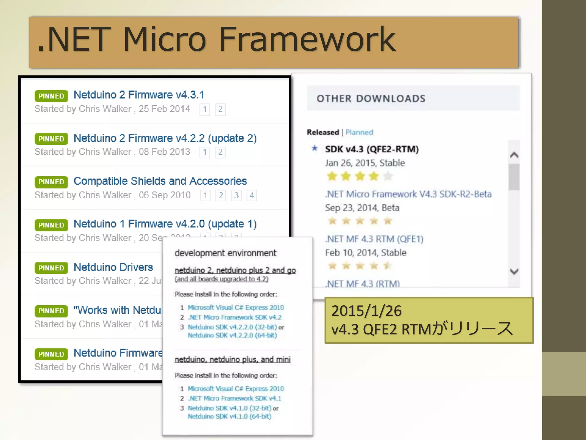 .NET Micro Framework
2015/1/26
v4.3 QFE2 RTMがリリース
 