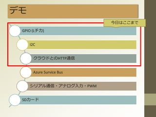 デモ
GPIO (Lチカ)
I2C
クラウドとのHTTP通信
Azure Survice Bus
シリアル通信・アナログ入力・PWM
SDカード
今日はここまで
 