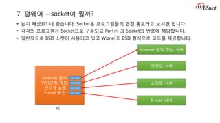 7. 펌웨어 – socket이 뭘까?
• 눈치 채셨죠? 네 맞습니다. Socket은 프로그램들의 연결 통로라고 보시면 됩니다.
• 각각의 프로그램은 Socket으로 구분되고 Port는 그 Socket의 번호에 해당합니다.
• 일반적으로 BSD 소켓이 사용되고 있고 Wiznet도 BSD 형식으로 코드를 제공합니다.
Internet 음악
카카오톡 채팅
인터넷 쇼핑
E-mail 확인
Internet 음악 주는 서버
카카오 서버
쇼핑몰 서버
E-mail 서버
PC
SOCKET
SOCKET
SOCKET
SOCKET
 