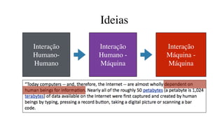 Ideias
Interação
Humano-
Humano
Interação
Humano -
Máquina
Interação
Máquina -
Máquina
 